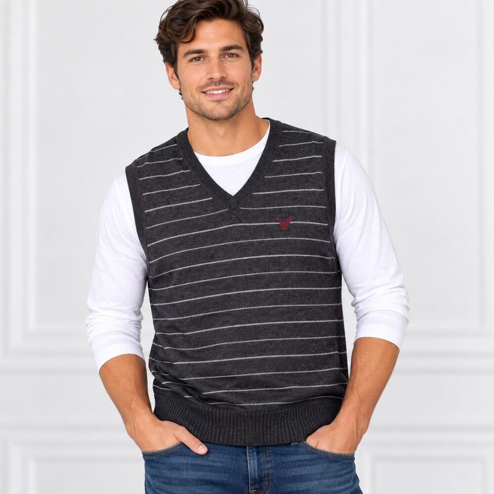 American Eagle Mens Striped Sweater Vest Wool Blend Knit V Neck Navy Gray XL